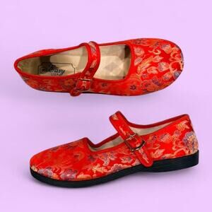 Red floral embroidered mary jane